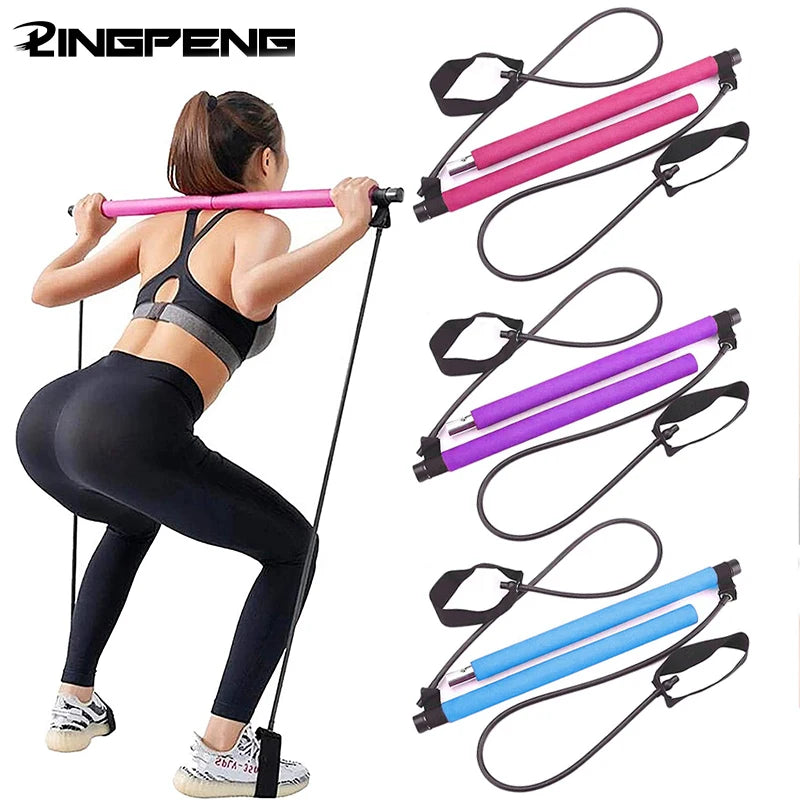 Multifunctional Pilates Bar Combination Fitness Bar Yoga Chest Expansion Tension Rope Back Trainer Elastic Rope Stretching Belt