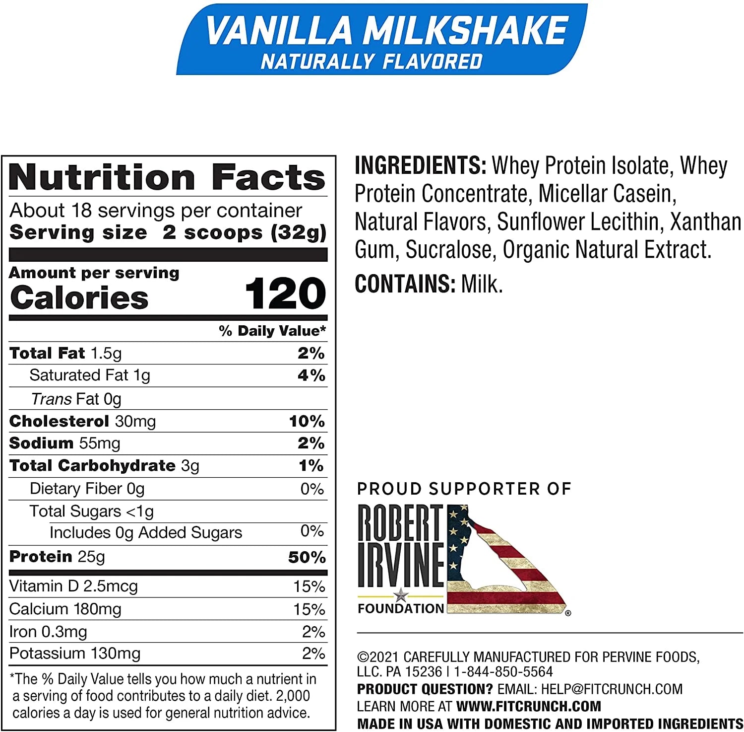 Protein Powder, Vanilla Milkshake, 25G Protein, 18 Servings