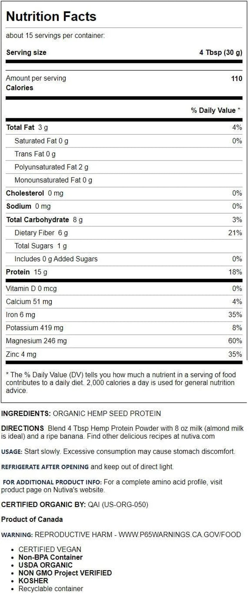 Organic Hemp Protein Powder, Unflavored, 15G Protein, 1.0Lb, 16.0Oz